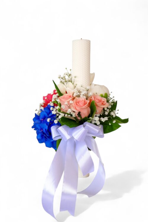 Lumânare cununie cu hortensie albastră și trandafiri roz