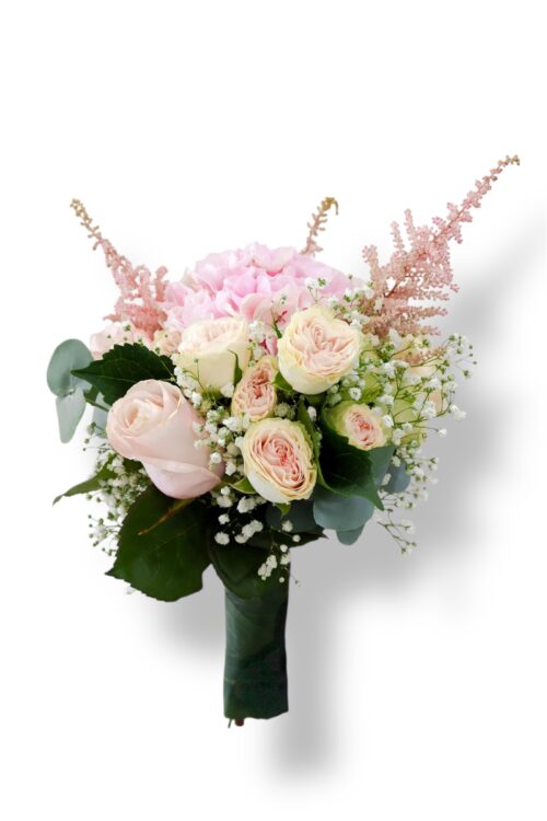 Buchet de mireasă în nuanțe pastel cu trandafiri și hortensie